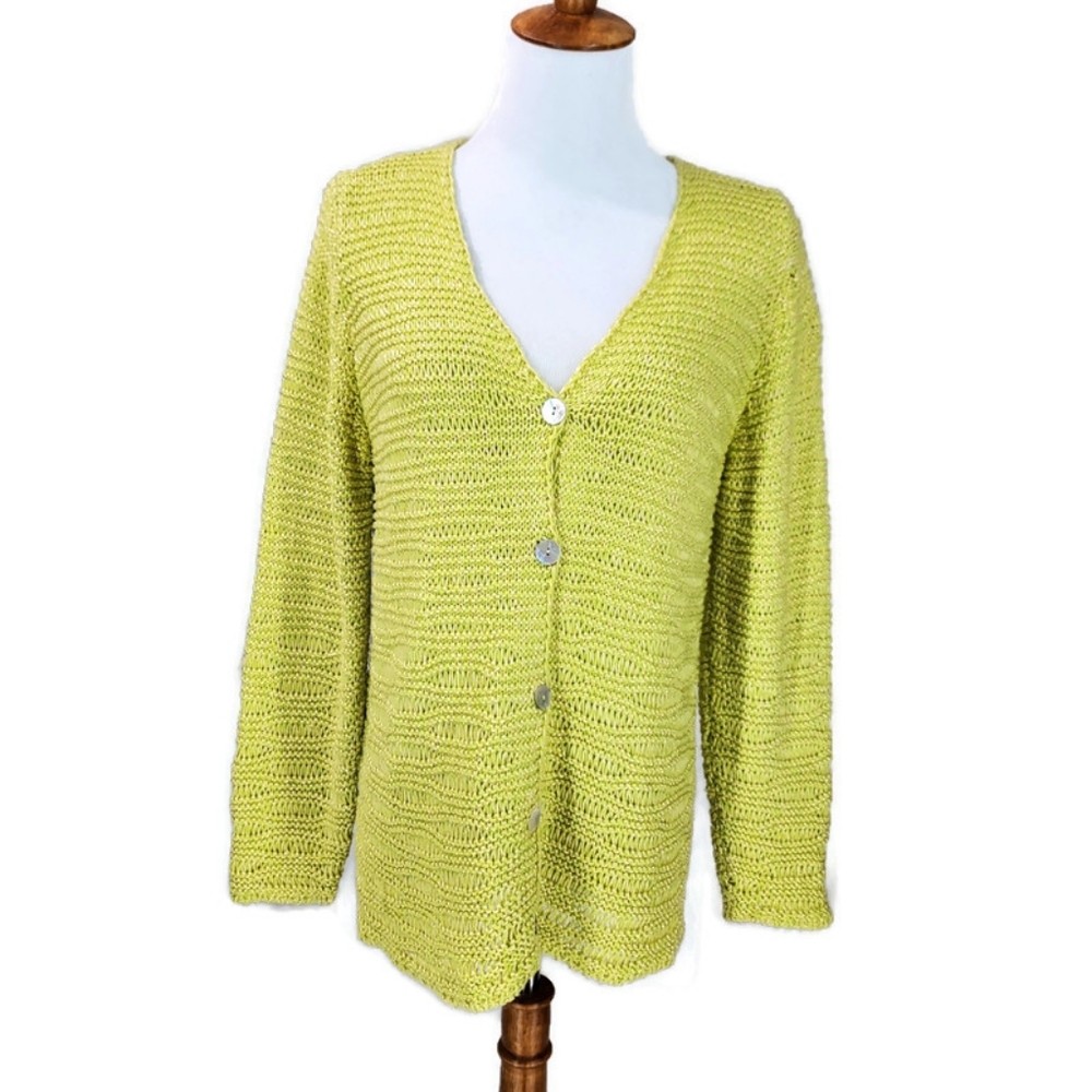 Castle of Ireland Knitwear Open Knit Lime Green Cardigan Sweater Shell Buttons M